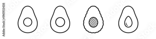 Collection of stylized avocado halves with different seed representations