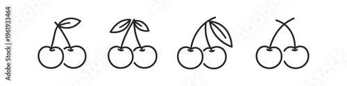 Set of simple cherry icons with stems and leaves in a clean line art style