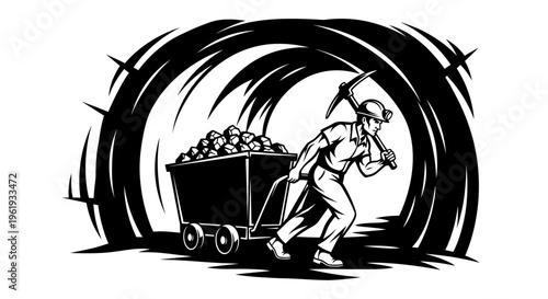 Man pushing mining cart underground tunnel.