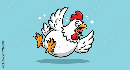 Funny Cartoon Chicken Running with Open Mouth and Wide Eyes.
