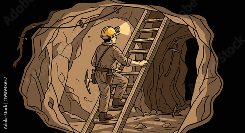 Man wearing hard hat climbing ladder.