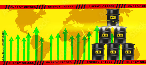 Fuel shortage crisis concept with oil barrels and economic warning system. Global energy imbalance affecting supply chain and markets.
