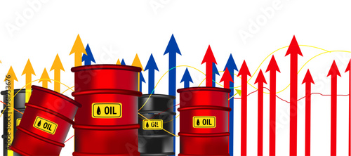 Oil supply disruption concept with fuel barrels and market instability graph. Global crisis affecting energy production and economic growth.