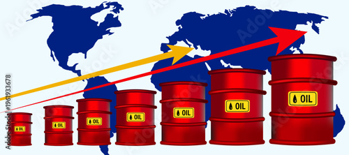 Oil supply disruption concept with fuel barrels and market instability graph. Global crisis affecting energy production and economic growth.
