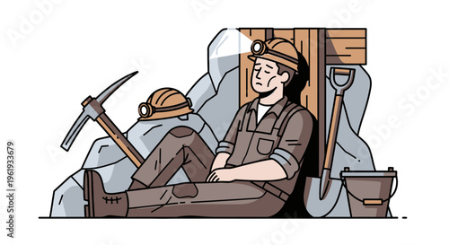 Man wearing mining uniform resting outside.