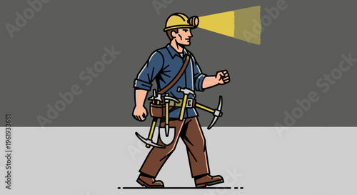 Man wearing mining helmet and tools.