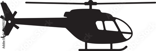 Black helicopter silhouette with rotor blades flying in the air  side view