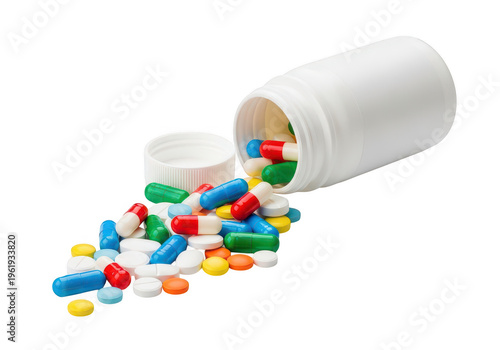 Colorful pills spilling out of a white bottle isolated on transparent background