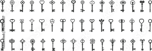 Decorative key collection, vintage ornate keys set, assorted antique style silhouettes, royal and fantasy key icons, vector illustration for branding assets
