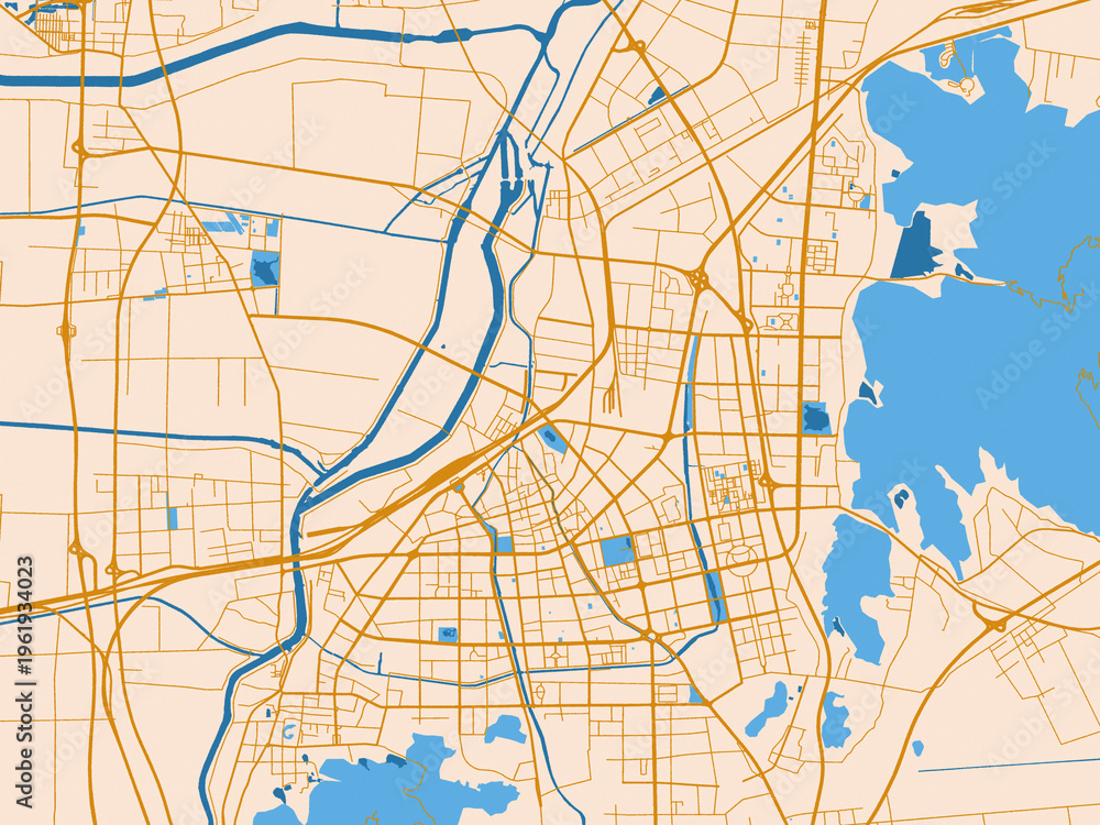 Fototapeta premium Street network map of Lianyungang, China, golden linework with blue water