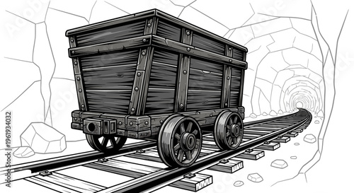 Old mine cart on railroad tracks.