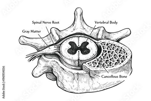 A detailed medical illustration of a human vertebra showing spinal cord and nerve root anatomy Vector