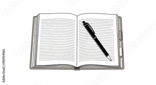 Open notebook with a pen on page.