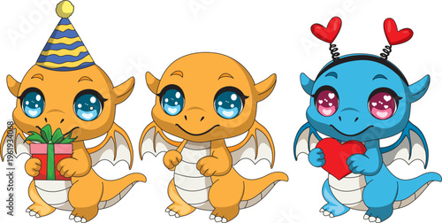 Cute Chibi Dragon Set Cartoon Fantscy Animal Mascot Valentine Birthday Toddle Colleaction Vector