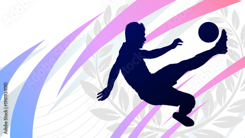 soccer player silhouette kicking ball on abstract banner background with wreath