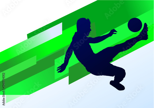 Soccer player silhouette kicking ball on abstract green background, vector illustration