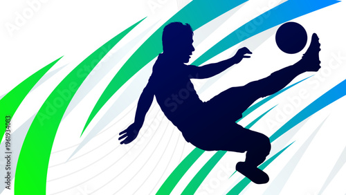 Football player silhouette kicking ball on abstract green and blue banner background