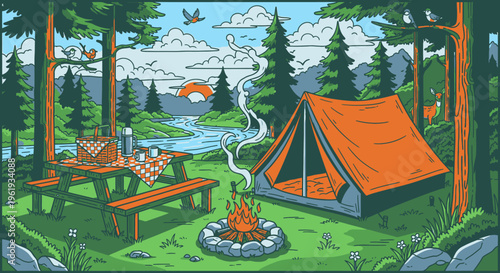 Orange tent in a campsite area.