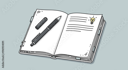 Open notebook with pen and pencil.