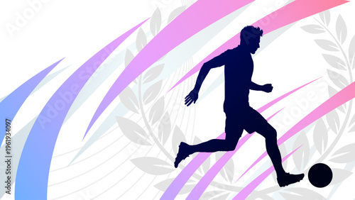 Soccer player silhouette running with ball on abstract banner background with laurel wreath
