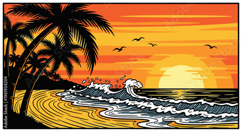 Palm trees on a beach shore.