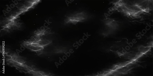 Seamless black and white space background loop featuring an abstract cloudscape of stormy atmosphere and dark lightning under a celestial heaven