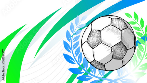 Soccer ball with laurel wreath on abstract green and blue banner background