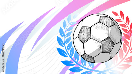 Football ball with laurel wreath on abstract pink and blue banner background