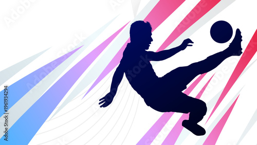 Silhouette of a soccer player performing an acrobatic overhead kick on an abstract colorful background, vector illustration