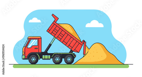 Red dump truck with sand load.