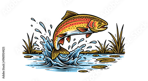 Rainbow trout jumping out water.