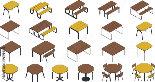 Outdoor tables and benches furniture set, park picnic seating, wooden and metal designs, public space equipment, isometric vector illustration collection