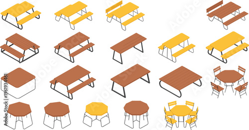Picnic tables and outdoor seating set, park benches and wooden furniture, public garden equipment, modern exterior design vector illustration collection