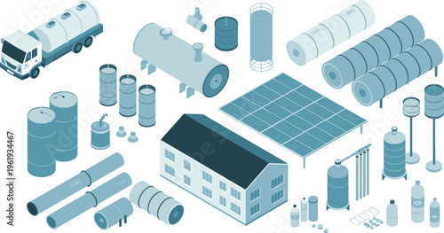 Industrial oil and gas equipment set, storage tanks, pipelines, refinery plant, fuel transport truck, energy infrastructure isometric vector illustration collection