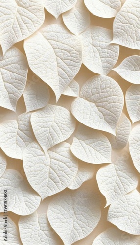 Delicate White Leaves on Soft Beige Background, Capturing Elegant Textures and Botanical Beauty