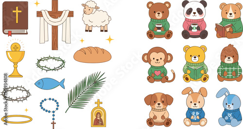 Christian symbols and cute animal characters set with cross, Bible, lamb, bread, palm branch and teddy bears, religious vector illustration collection for Easter and church design