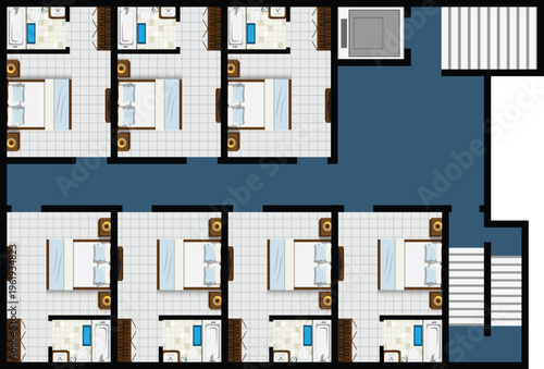 Top View Hostel Floor Plan Corridor Rooms Lift Stairs Above Interior Design Vector