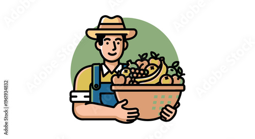 Smiling farmer with fruit basket.