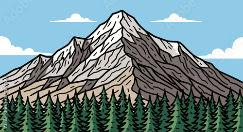 Snowy mountain peak with trees.