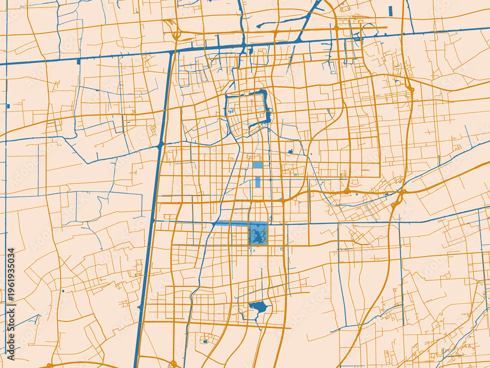 Obraz premium Street network map of Taizhou, China, featuring light cream city field with mustard-gold linework and vivid blue lakes, rivers and waterways