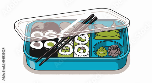 Sushi in a blue takeout container.