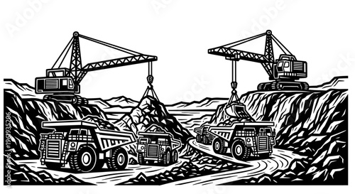 Trucks and cranes in mining operation.