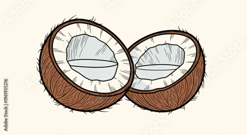 Two halved coconuts with white interiors.