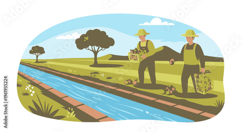 Two men working on irrigation canal.