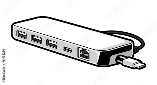 USB hub with multiple ports and cable.