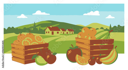 Wooden crates full of fresh fruits.