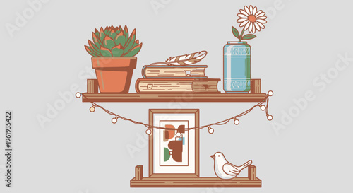 Wooden floating shelves with decorative items.