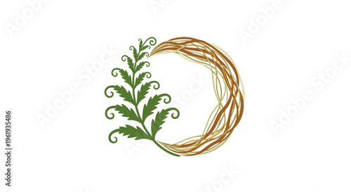 Woven circle with green leafy branch.