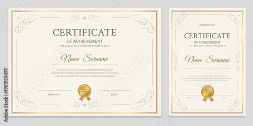 Certificate of achievement template set with horizontal and vertical layouts. Elegant gold border and award seal design. Vector illustration for diploma graduation and professional recognition.
