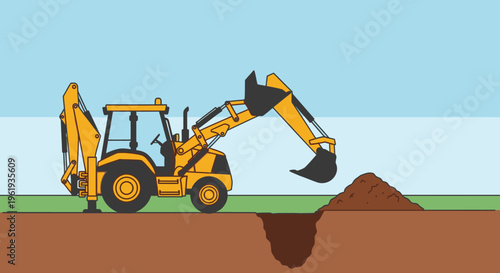 Yellow Backhoe Loader Digs Earth.